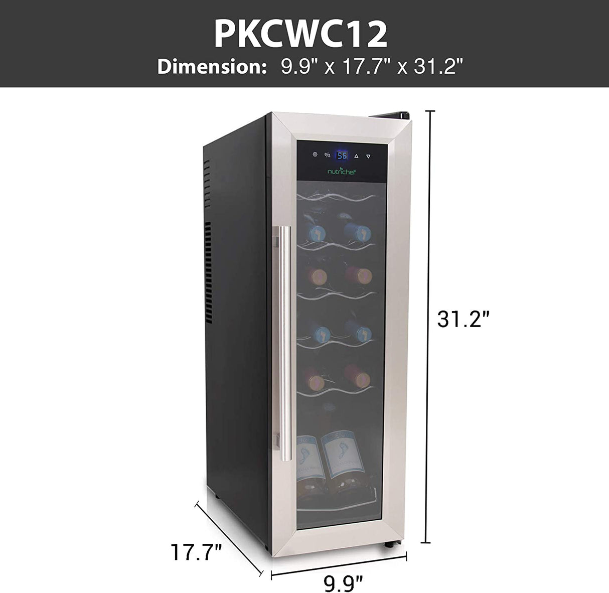 NutriChef PKCWC12 - Refrigerador de vino de 12 botellas - Refrigerador de vino blanco tinto enfriador de vino de encimera - Mini refrigerador de vino compacto independiente 12 botellas con control digital, puerta de acero inoxidable - DIGVICE MX