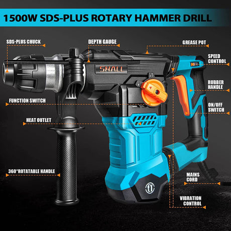 SHALL Taladro de martillo rotatorio de alta resistencia SDS-Plus de 1-1/4 pulgadas, rotomartillo de 12,5 amperios, una perilla, 4 funciones con control de vibración, cincel plano, cincel de punta y 3 brocas incluidas, 950 RPM - DIGVICE MX