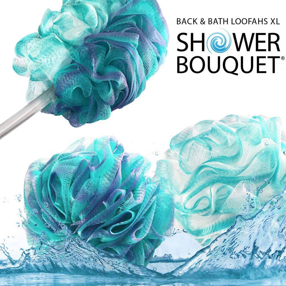 Shower Bouquet - 2 esponjas de baño y esponjas de lufa laterales por ramo de ducha: 1 cepillo para la espalda con mango largo más 2 pufs de malla suave extragrandes de 75 g