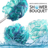 Shower Bouquet - 2 esponjas de baño y esponjas de lufa laterales por ramo de ducha: 1 cepillo para la espalda con mango largo más 2 pufs de malla suave extragrandes de 75 g