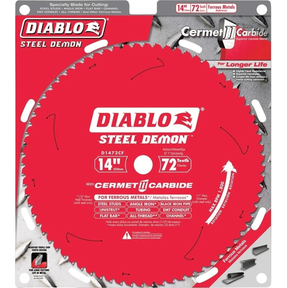 Diablo D1472CF Hoja de sierra de metal ferroso de carburo Cermet II Steel Demon 72T de 14 pulgadas