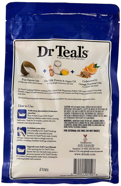 Dr Teal's Pure Epsom Salt, calma y comodidad con leche de avena y aceite de argán, 3 libras