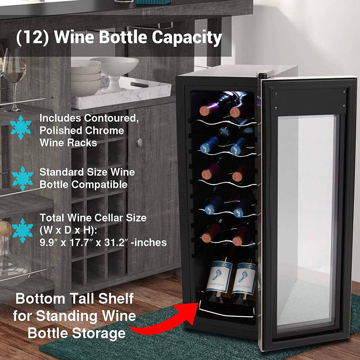 NutriChef PKCWC12 - Refrigerador de vino de 12 botellas - Refrigerador de vino blanco tinto enfriador de vino de encimera - Mini refrigerador de vino compacto independiente 12 botellas con control digital, puerta de acero inoxidable - DIGVICE MX