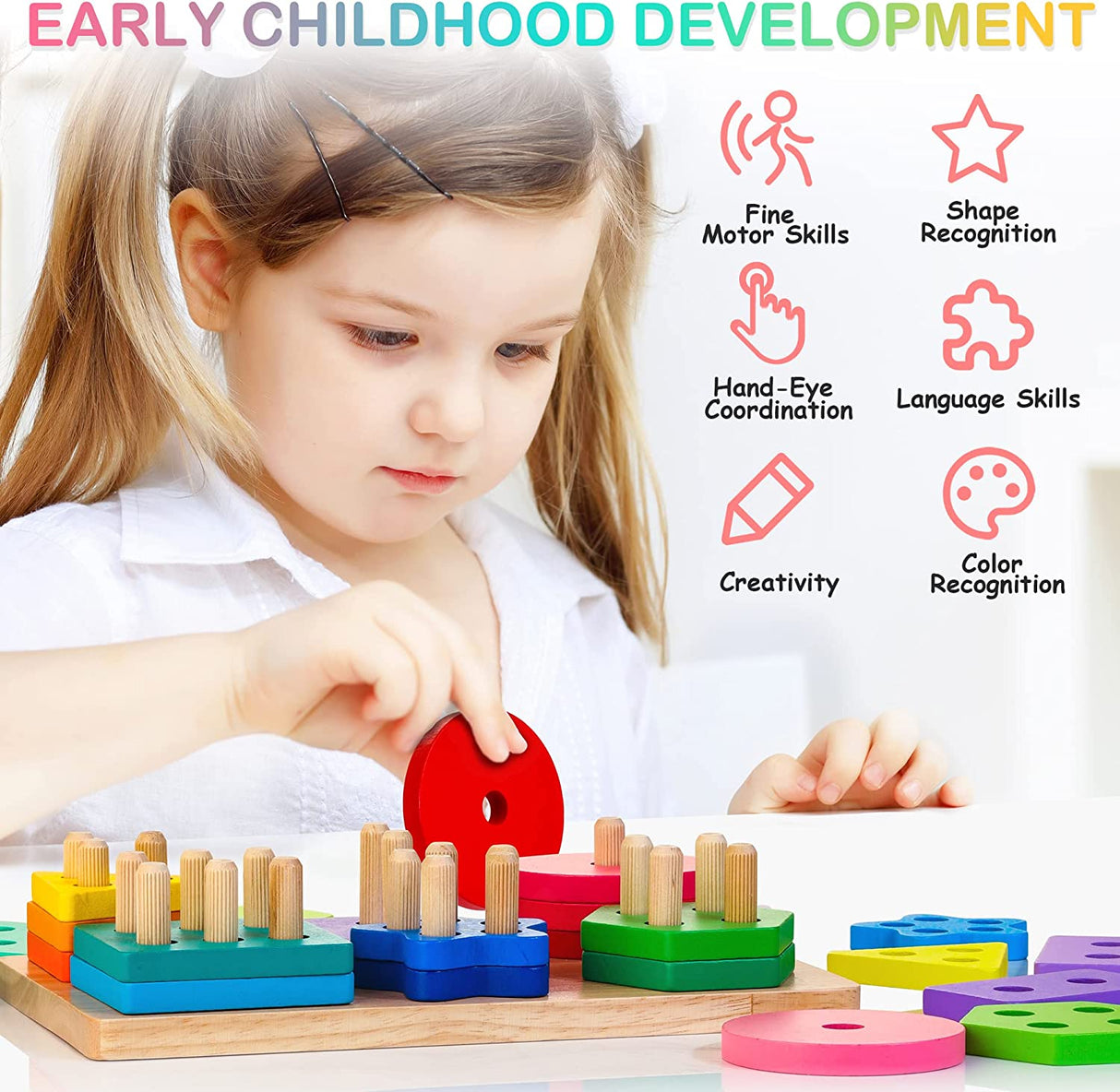 WOOD CITY Juguetes Montessori de madera para clasificar y apilar para niños  pequeños de 1, 2 y 3 años, forma educativa de reconocimiento de color