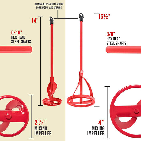 TCP Global Juego de 2 cuchillas mezcladoras de pintura, resina epoxi, lodo y cemento - Herramientas de agitación de taladro eléctrico - Paletas mezcladoras de cinta de 15.5" y 14", ejes de cabeza hexagonal de 3/8" y 5/16" - DIGVICE MX