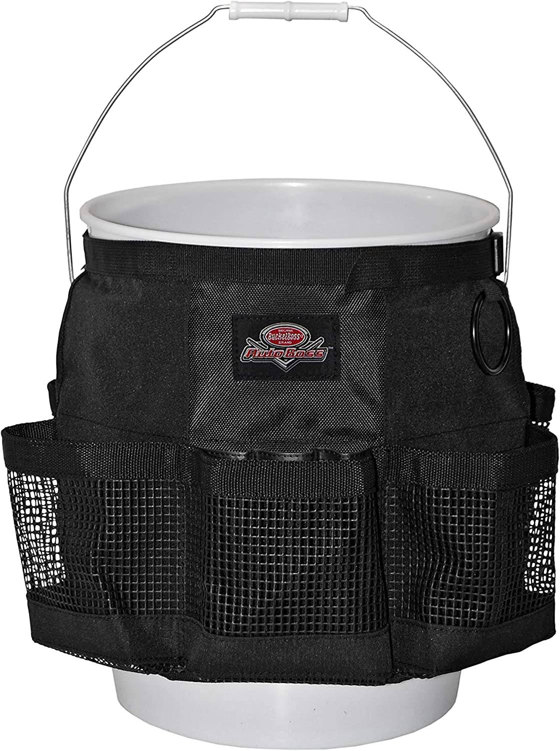 Bucket Boss Auto Boss Wash Boss Organizador para un cubo de 5 galones, con bolsillos exteriores de malla de secado rápido para suministros de lavado de autos, lo que permite jabón y agua en el cubo, en negro, AB30060