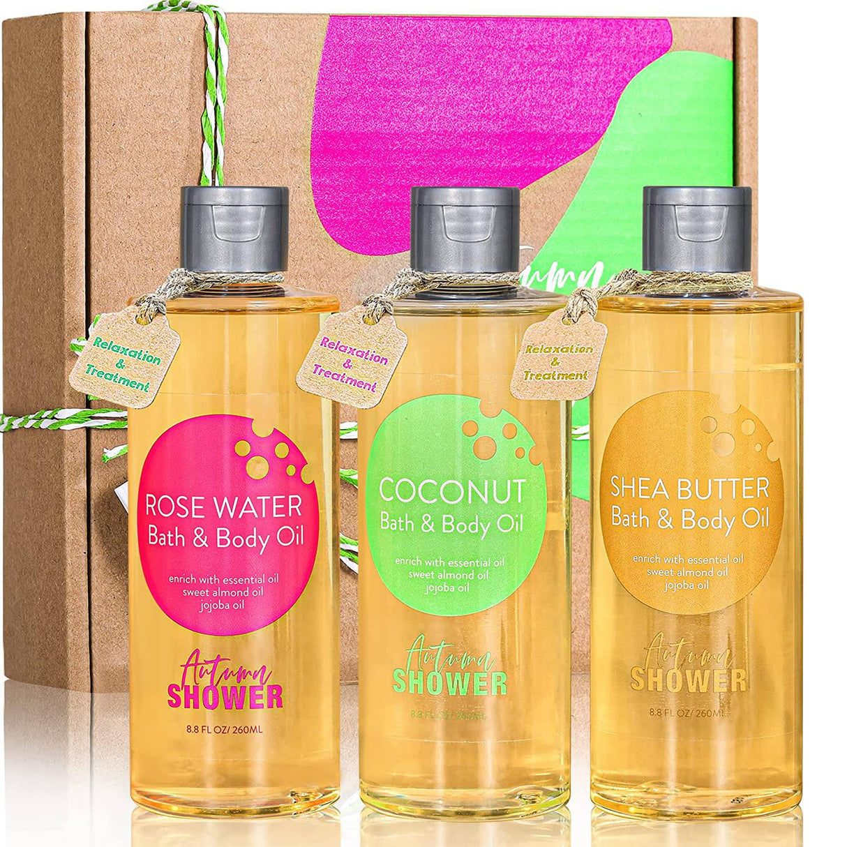 Autumn Shower - Aceite de baño y cuerpo - Aceite de ducha con almendras dulces, aceite de jojoba, manteca de karité y agua de rosas y aceites de baño de coco para mujeres, aceite multiusos para cabello y piel seca 26.4 fl oz (paquete de 3)