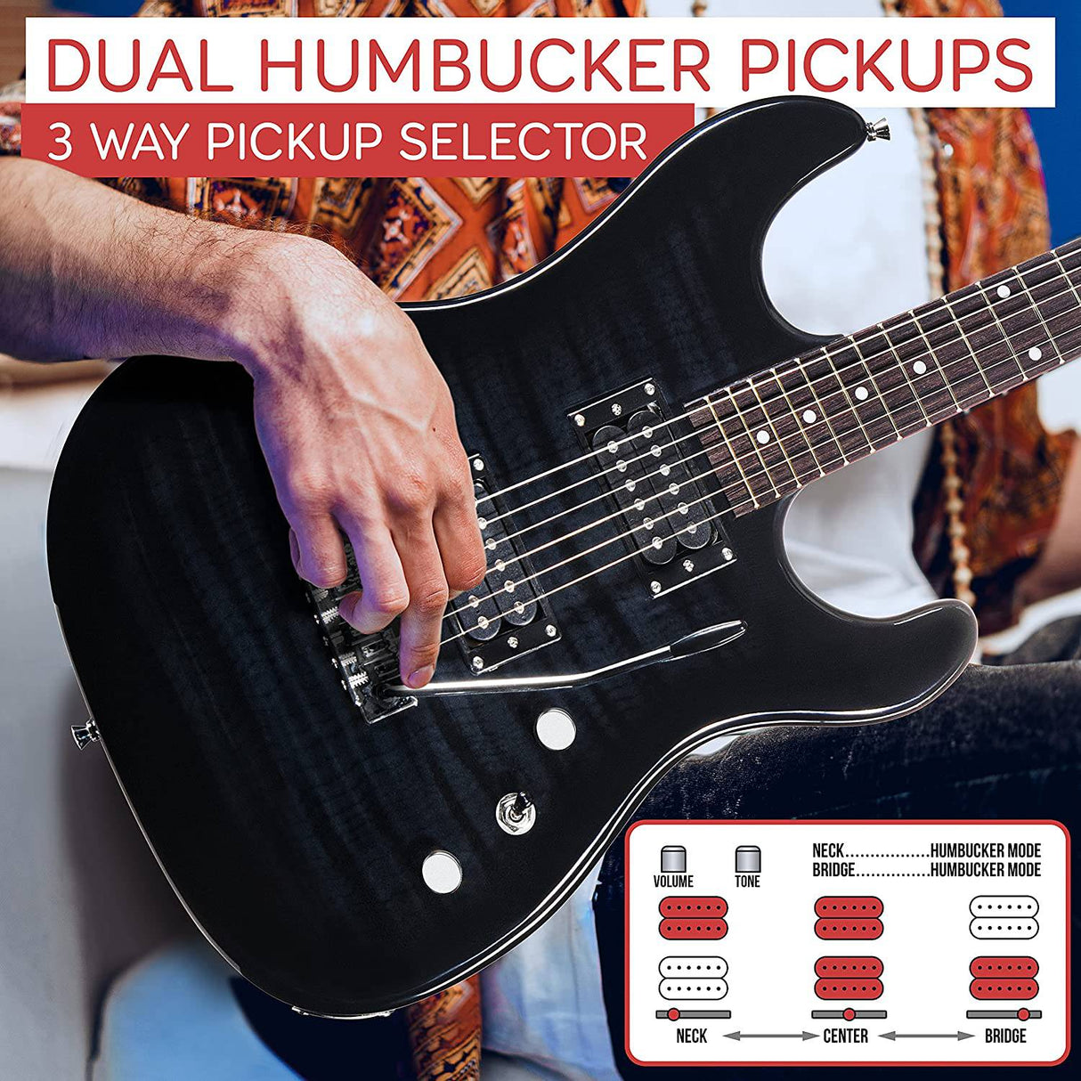 Pyle - Kit de guitarra eléctrica para principiantes con amplificador - Kit de inicio Paquete de instrumentos de tamaño completo de 39 "con pastillas Humbucker y amplificador Rock