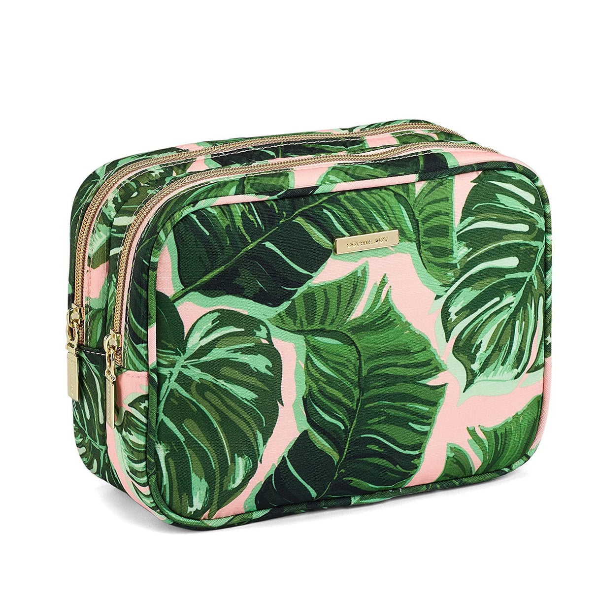 Sophia Joy - Bolsa organizadora de cosméticos y artículos de tocador con doble compartimento con cremallera en rosa tropical y patrón de moda verde con herrajes dorados exclusivos