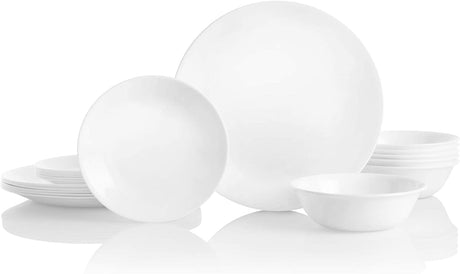 Corelle Vitrelle Servicio de 18 piezas para 6 vajillas, vidrio de triple capa y resistente a las astillas, juego de platos y tazones redondos livianos